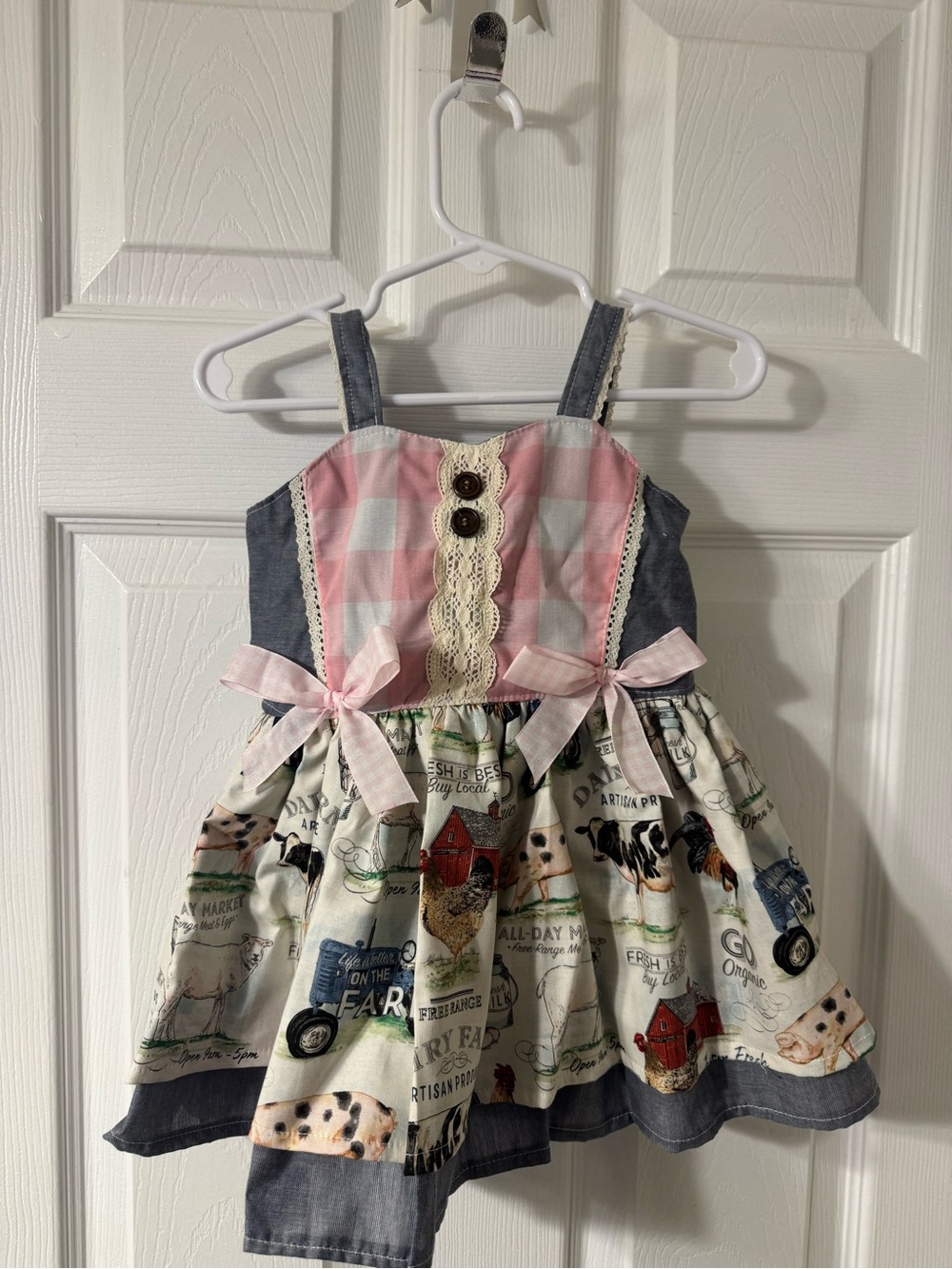 Pink Plaid & Farm Print Sundress with Lace Bows
